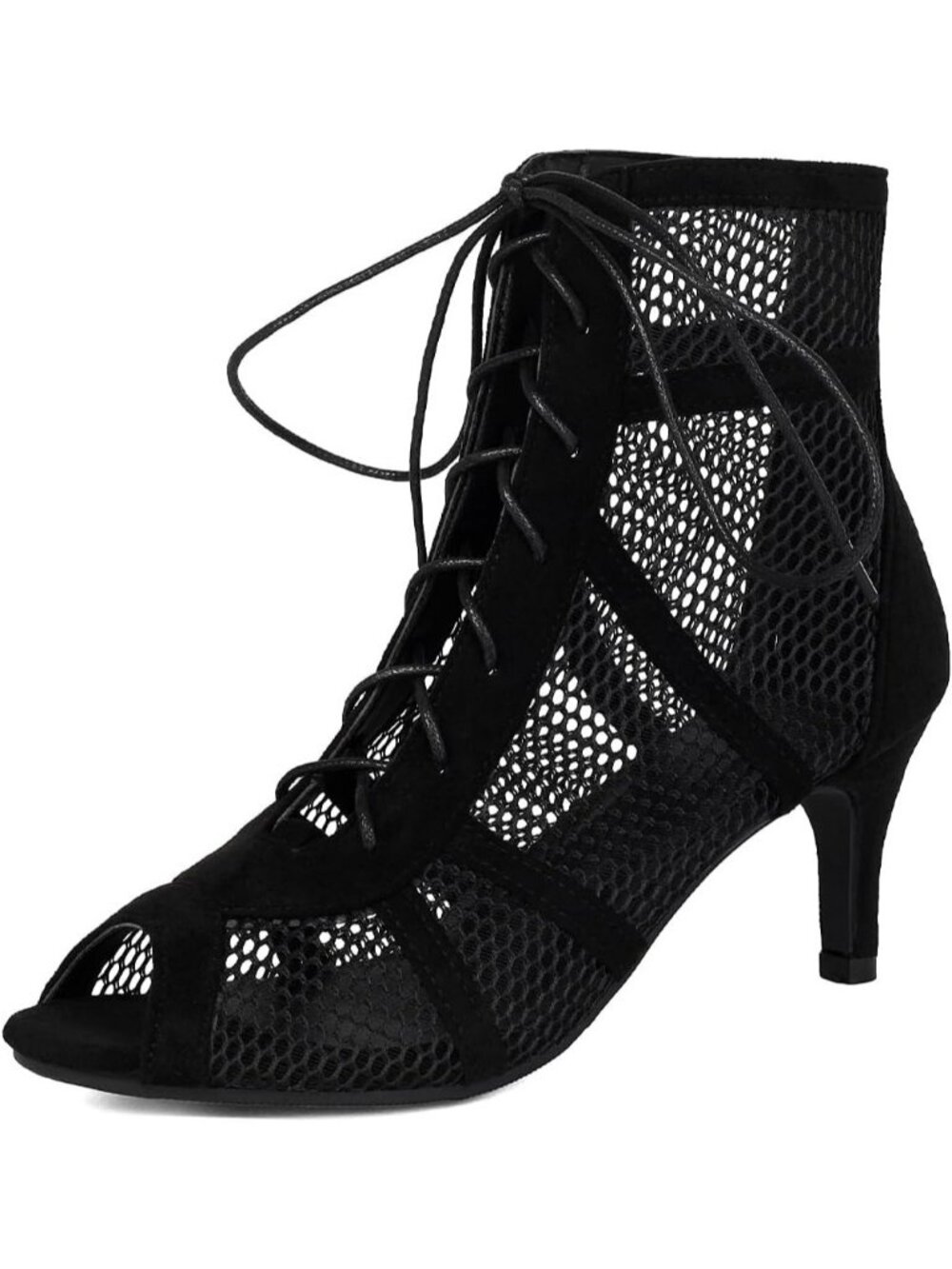 Women's Black Suede Mesh Sandals Peep Toe High Top Sandals Lace Up Pump Shoes